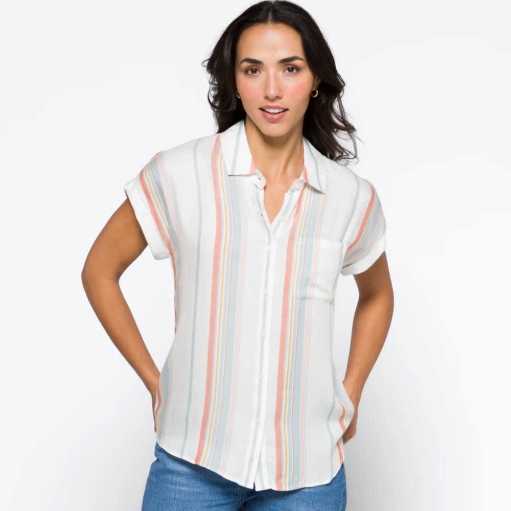 Cosmic Blue Love button down short sleeve blouse